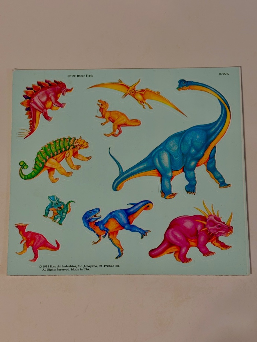 Vintage 1993 Rose Art Dinosaur Reusable Vinyl Sticker Sheet Robert Frank USA New